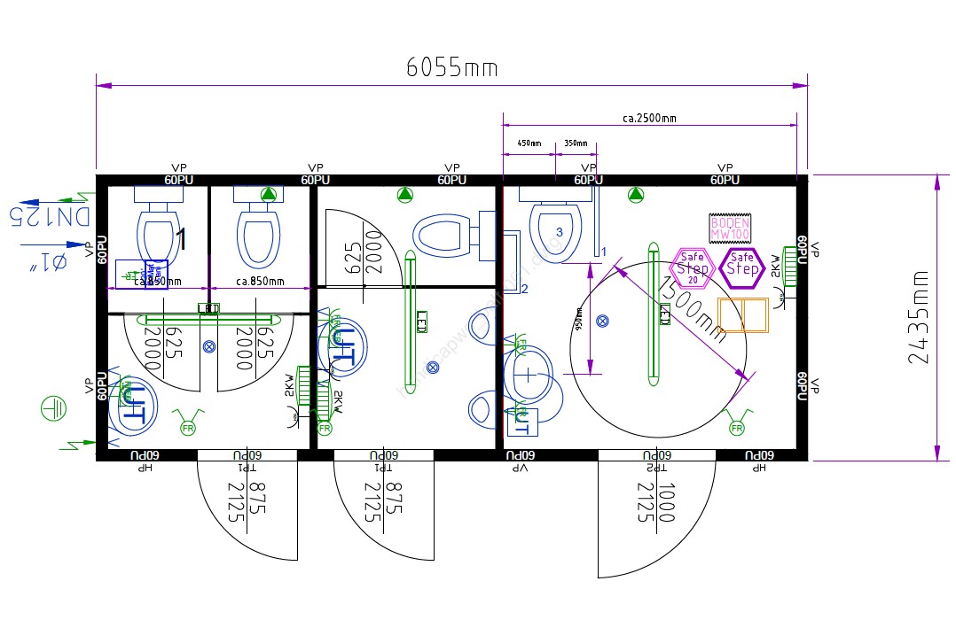 Туалет-контейнер Containex 2,4x6 м, 3 секции: мужская, женская и для инвалидов