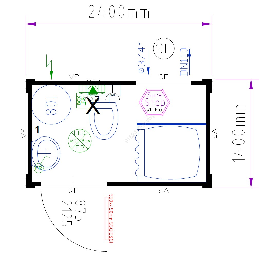 Containex soojustatud WC- ja duśisoojak, vee- ja kanalisatsiooniühendusega